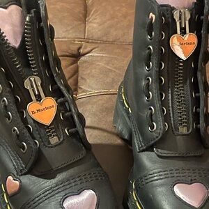 Dr. Martens Women’s Black Boots with Purple and Orange Hearts size 6 US